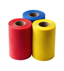 Three colorful rolls of material, red, yellow, and blue, stacked