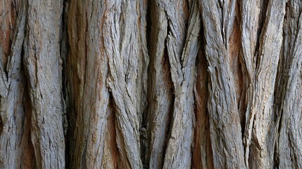 Obraz premium Flat lay of vertical cedar tree trunk, bark showing deep vertical ridges and natural gray-brown tones, seamless repeating texture