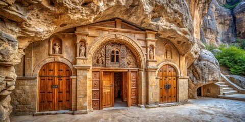 Obraz premium Ancient cave monastery with towering stone walls and intricately carved wooden doors