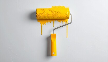 Yellow paint roller with spiral texture and black handle resting against light wall showcasing home improvement and minimal design