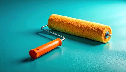 Orange-and-white striped paint roller on freshly painted turquoise surface showcasing home improvement and vibrant contrast