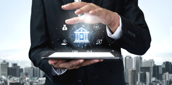 Concept of digital banking and global financial services. A network of secure online transactions, currency exchange, and money management for the international economy. Fermion - Powered by Adobe