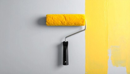 Yellow paint roller with spiral texture and black handle resting against light wall showcasing home improvement and minimal design