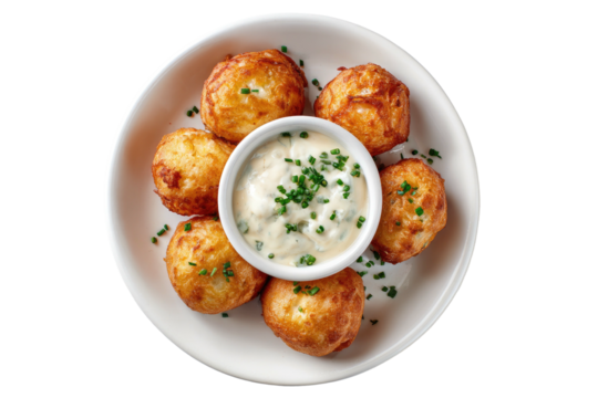 Golden potato balls around a herbed dipping sauce, top view
