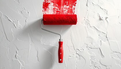 Red paint roller with thick pigment on textured white surface showcasing home improvement and artistic process