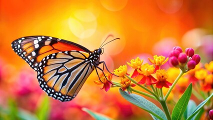 Fototapeta premium Close Up of a Monarch Butterfly on the Bloom of a Butterfly Weed with a Colorful Background