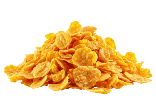 Pile of golden, crispy corn flakes on a black background