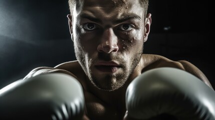 intense close up portrait of a boxer, dramatic lighting, moody and cinematic, high contrast, chiaroscuro lighting, intense gaze, rugged facial features, athletic physique, boxing gloves