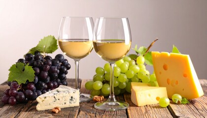 Wine glasses with assorted cheeses and grapes on white surface showcasing gourmet pairing and culinary elegance
