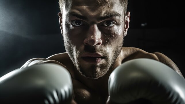 intense close up portrait of a boxer, dramatic lighting, moody and cinematic, high contrast, chiaroscuro lighting, intense gaze, rugged facial features, athletic physique, boxing gloves
