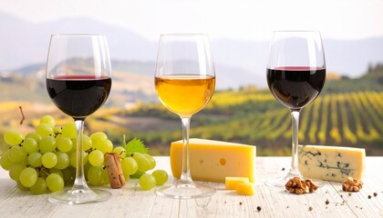 Wine glasses with assorted cheeses and grapes on white surface showcasing gourmet pairing and culinary elegance