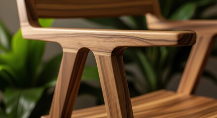 Close up of a wooden chair with a green plant in the background