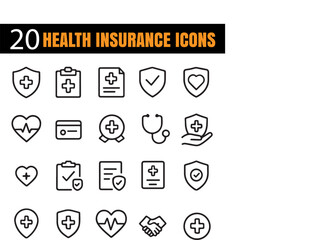 Health Insurance Icon Set, Medical Protection Outline Vectors, Healthcare Coverage Symbols, Life Safety Policy Elements, Modern Hospital Care Pack