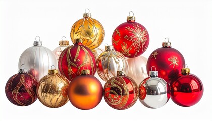Ten colorful Christmas ornaments with artistic patterns arranged in two rows against festive holiday background