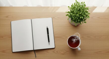 Open notebook, pen, tea, and plant on a wooden table