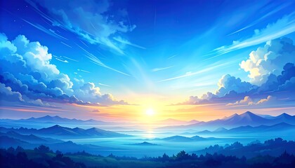 A scenic landscape showcases a vibrant sunrise painting across a blue sky. White clouds drift over distant mountains and a misty horizon