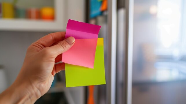 A hand holding colorful sticky notes in pink, green, and yellow. The background features a modern kitchen with a refrigerator and blurred shelves.