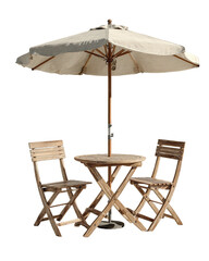 Outdoor table & chairs under an umbrella, wood texture, neutral
