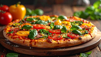 Artisanal vegetable pizza with fresh toppings on wooden board surrounded by rustic ingredients and vibrant colors