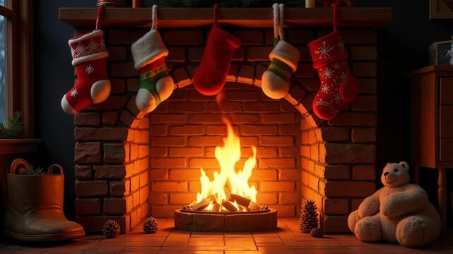 Warm hearth glows with flickering flames, cozy Christmas stockings hang, a magical animated loop for festive holiday ambiance and seasonal storytelling.