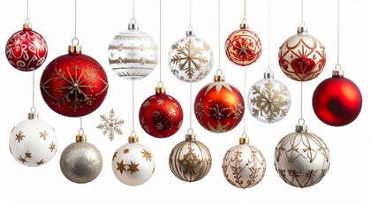 Ten colorful Christmas ornaments with artistic patterns arranged in two rows against festive holiday background