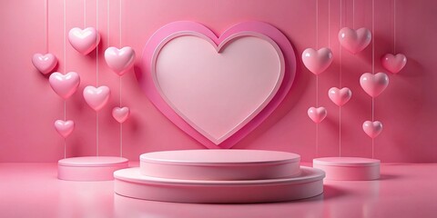 Pink podium with heart-shaped decorations amidst Valentine's Day themed backdrop