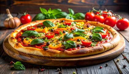 Artisanal vegetable pizza with fresh toppings on wooden board surrounded by rustic ingredients and vibrant colors