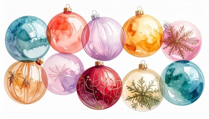 Ten colorful Christmas ornaments with artistic patterns arranged in two rows against festive holiday background