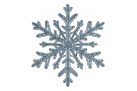 Snowflake featuring complex icy details and a hexagonal shape, representing winter, cold, and holiday themes. Transparent background