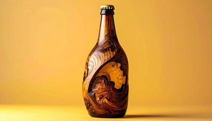 Brown glass bottle with artistic design and yellow cap against solid yellow background showcasing craft packaging