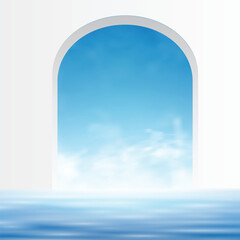 3D scene with podium and arched windows showing bright blue sky and soft clouds. Modern abstract background perfect for product display, branding presentation, cosmetic showcase, and design mockups.