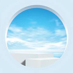 3D scene with podium and white arched frame opening bright blue sky and soft clouds. Modern abstract background perfect for product display, branding presentation, cosmetic showcase, design mockups.