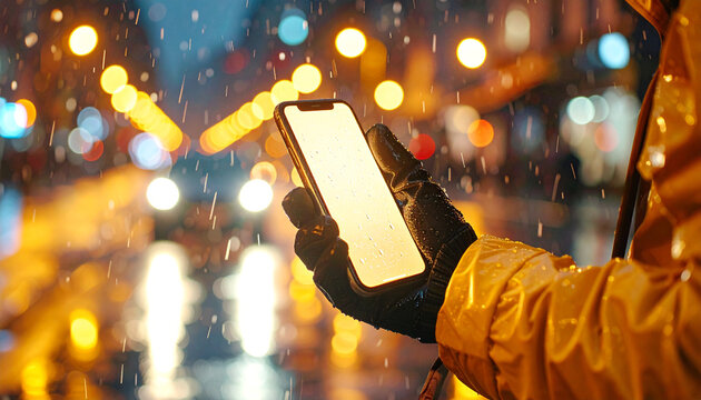 Rainy City Night with Smart Phone: A person in a yellow raincoat navigates the bustling city streets, holding a modern smartphone in a drizzle of rain amidst the bokeh of city lights.