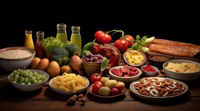 a large assortment of colorful, fresh fruits and vegetables, including apples, grapes, pomegranate, citrus, tomatoes, and various spices and herbs, arranged on a wooden table with rustic decor, high c - Powered by Adobe