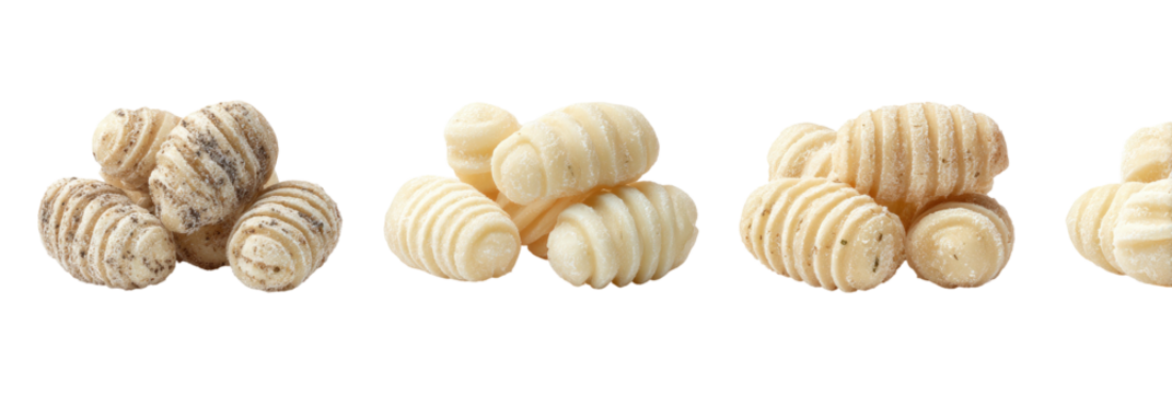 Piles of ribbed, oval, beige, and ivory, food-like objects