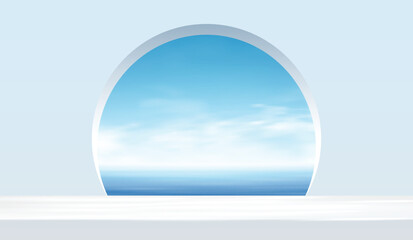 Minimal abstract background featuring a white arched frame opening to a bright blue sky and calm ocean. Perfect for product presentation, branding mockup, cosmetic display, and summer design concepts.