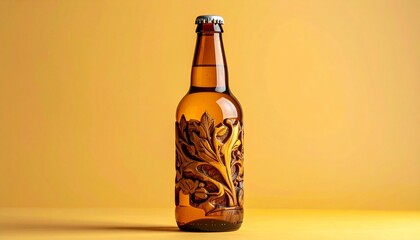Brown glass bottle with artistic design and yellow cap against solid yellow background showcasing craft packaging