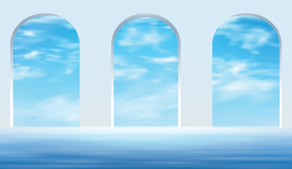 3D scene with podium and arched windows showing bright blue sky and soft clouds. Modern abstract background perfect for product display, branding presentation, cosmetic showcase, and design mockups.