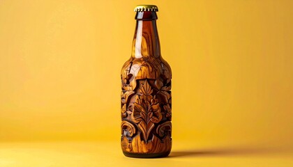 Brown glass bottle with artistic design and yellow cap against solid yellow background showcasing craft packaging
