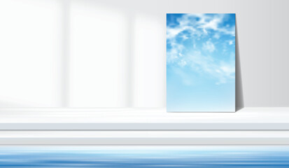 Abstract minimal product display scene featuring a blue sky reflection on a vertical mirror and white wall background with soft light. For branding mockups, cosmetic presentations, summer themes