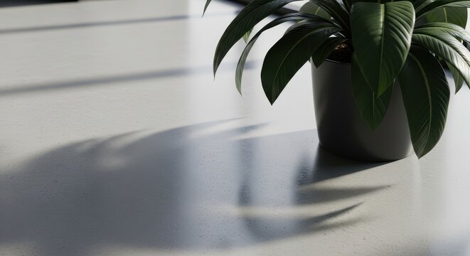 Closeup of a potted plant on a table with sunlight casting shadows