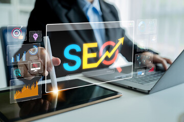 SEO concept for improving SEO visibility, with SEO related digital tools and SEO performance icons shown in an focused layout for strategic marketing. Spline