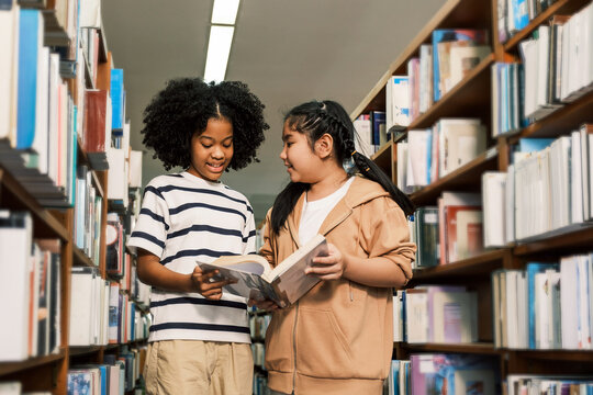 Two diverse young girls stand between library shelves, reading and discussing books together. A vibrant academic scene highlighting children, literature, knowledge, and classroom learning for kids. - Powered by Adobe