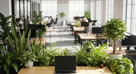 Modern office space with plants and laptop on desk in foreground