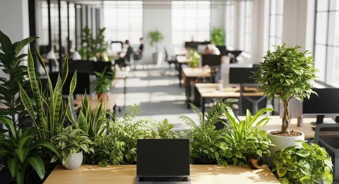 Modern office space with plants and laptop on desk in foreground