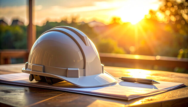 Construction Blueprint at Sunset: A lone construction helmet, accompanied by architectural blueprints and a pen, rests on a wooden table, illuminated by the radiant glow of a setting sun.