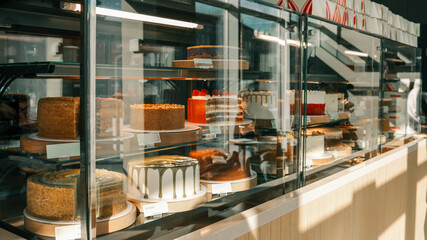 Delicious cakes displayed in a bakery shop window, ready to be purchased