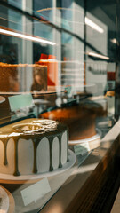 Delicious cakes displayed in a bakery shop window, ready to be purchased