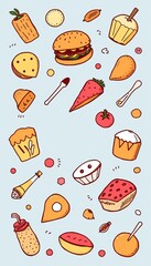 Whimsical doodles of various food items, conveying a sense of homemade charm and delightful simplicity,  design,  colorful