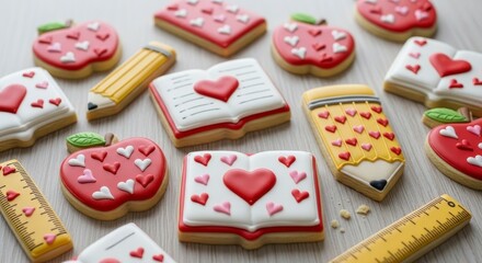 Sweet School Cookies with Hearts with Apple Book Pencil Ruler.